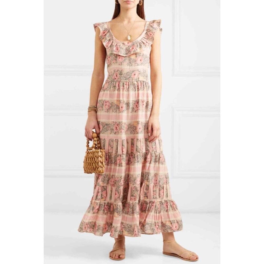 LoveShackFancy Joanne Silk Maxi Dress Pink Tiered Romantic Boho Size 4